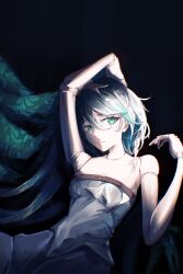  1girl absurdres arm_up bare_arms bare_shoulders black_background braid breasts cecilia_immergreen chest_belt colored_inner_hair commentary doll_joints gradient_hair green_eyes green_hair grey_hair hand_on_own_head hand_up highres hololive hololive_english joints looking_to_the_side magmafqng multicolored_hair palmar_flexion shirt short_hair side_braid sideways_glance signature single_braid small_breasts solo strapless strapless_shirt virtual_youtuber white_shirt 