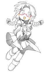  1girl apron blush boots bow braid chibi collared_shirt dynamic_pose floating full_body glasses greyscale hair_bow highres kokum0tsu lineart long_sleeves looking_at_viewer monochrome necktie open_mouth original outstretched_arms own_hands_together partially_colored puffy_sleeves red-framed_eyewear round_eyewear semi-rimless_eyewear shirt simple_background sketch skirt solo surprised twin_braids under-rim_eyewear white_background 