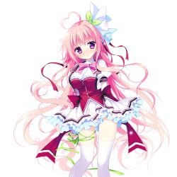  >:) 1girl ahoge back_bow black_bow blush bow bowtie breasts buttons closed_mouth dress feet_out_of_frame game_asset green_ribbon hair_ribbon haru_haru_(koikoko) heart heart_ahoge highres juliet_sleeves koi_suru_kokoro_to_mahou_no_kotoba large_breasts large_variant_set leg_ribbon long_hair long_sleeves looking_at_viewer non-web_source nose_blush pink_bow pink_bowtie pink_hair puffy_sleeves red_bow red_vest ribbon self-datamine shiromochi_sakura shirt short_dress simple_background single_hair_intake solo standing star_(symbol) thigh-highs transparent_background v-shaped_eyebrows variant_set vest violet_eyes white_dress white_shirt white_thighhighs zettai_ryouiki 