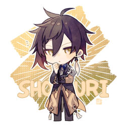  1boy ark_kan black_hair black_pants brown_hair character_name chibi chibi_only coat commentary_request earrings genshin_impact gradient_hair hair_between_eyes jewelry long_sleeves looking_at_viewer male_focus multicolored_hair no_gloves notice_lines pants parted_lips simple_background solo tassel tassel_earrings yellow_eyes zhongli_(genshin_impact) 