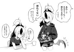  1girl bare_legs black_hair black_hoodie black_horns black_shirt blue_archive closed_mouth cup grey_background hand_in_pocket highres hood hoodie horns kayoko_(blue_archive) multicolored_hair ponytail sanpaku shirt simple_background single_wing skirt solo speech_bubble suecovsky t-shirt table two-tone_hair white_background white_hair wings 