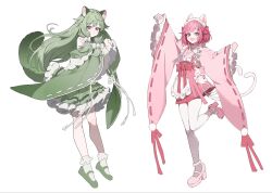  2girls alternate_costume animal_ear_fluff animal_ears apron blush bob_cut bow cat_ears cat_girl cat_tail closed_mouth commentary_request dot_nose frilled_apron frills full_body green_hair green_kimono green_shoes green_skirt hair_bow hair_ornament highres japanese_clothes kemonomimi_mode kimono kusanagi_nene leg_up long_hair long_sleeves looking_at_viewer maid multiple_girls multiple_tails obi ootori_emu open_mouth pantyhose pink_bow pink_eyes pink_hair pink_kimono pink_shoes pink_skirt pleated_skirt project_sekai raccoon_ears raccoon_girl raccoon_tail ribbon-trimmed_sleeves ribbon_trim sakusya2honda sash shoes short_hair sidelocks simple_background skirt smile standing standing_on_one_leg tail two_tails very_long_hair violet_eyes wa_maid waist_apron white_apron white_background white_bow white_pantyhose wide_sleeves x_hair_ornament 