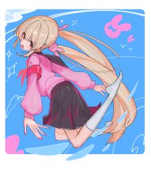  1girl :d absurdres armband black_sailor_collar black_skirt blonde_hair blue_background blunt_bangs blush border commentary_request fang full_body hair_ornament highres kneehighs legs_up long_hair long_sleeves looking_at_viewer mosuroshyu natori_sana no_shoes open_mouth outside_border pink_sweater pleated_skirt rabbit_hair_ornament red_eyes sailor_collar sana_channel school_uniform serafuku sidelocks skirt smile socks solo sweater twintails virtual_youtuber white_border white_socks 