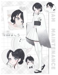  bird black_ribbon blush commentary_request grey_eyes highres iriam japanese_clothes kimono mirula_production multicolored_hair multiple_expressions obi official_art open_mouth reference_sheet ribbon sandals sash smile snowflake_ornament snowflake_print thigh-highs virtual_youtuber white_thighhighs wide_sleeves yukimori_mashiro zouri 