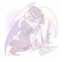  1boy 1girl alien_stage amputee angel angel_wings bandage_over_one_eye barefoot black_shirt black_wings blonde_hair brown_hair chain chest_jewel cleavage_cutout clothing_cutout coldmeow dark-skinned_female dark_skin demon-wings detached_sleeves dress grey_eyes halo highres hyuna_(alien_stage) leg_ribbon long_hair long_sleeves luka_(alien_stage) multiple_wings official_alternate_costume own_hands_together pants ribbon shirt short_hair single_tear sleeveless sleeveless_dress smile very_long_hair white_dress white_sleeves white_wings wings yellow_eyes 
