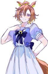  1girl absurdres animal_ears blush bow bowtie breasts commentary_request crown hair_between_eyes highres horse_ears horse_girl horse_tail looking_at_viewer mini_crown one_eye_closed orange_hair orange_tail pink_crown pleated_skirt poposhika puffy_short_sleeves puffy_sleeves purple_bow purple_bowtie purple_shirt sailor_collar sailor_shirt school_uniform shirt short_hair short_sleeves simple_background skirt smile solo t.m._opera_o_(umamusume) tail tracen_school_uniform umamusume violet_eyes white_background white_sailor_collar white_skirt 