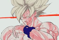  1boy alternate_eye_color blonde_hair blood blood_on_face dragon_ball dragon_ball_z grey_background muscular muscular_male ota_ta999 red_eyes simple_background solo son_goku spiky_hair super_saiyan super_saiyan_1 topless_male upper_body 