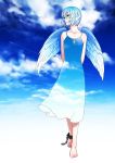 bare_shoulders barefoot blue_eyes blue_hair cloud iwai_ryo iwai_ryou original short_hair sky solo wings 