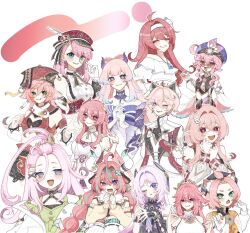 1boy 6+girls ahoge aino_(genshin_impact) aqua_eyes bare_shoulders black_gloves braid breasts charlotte_(genshin_impact) citlali_(genshin_impact) clervie_(genshin_impact) closed_eyes coat dahlia_(genshin_impact) detached_sleeves diona_(genshin_impact) dori_(genshin_impact) dress genshin_impact gloves hat hat_ornament head_wings highres horns japanese_clothes kimono large_breasts linnea_(genshin_impact) long_hair long_sleeves looking_at_viewer multiple_girls nekomata nontraditional_miko one_eye_closed open_mouth pink_eyes pink_hair puffy_long_sleeves puffy_sleeves purple_hair purple_hat purple_kimono red_hat sangonomiya_kokomi screw_hair_ornament short_hair smile sonnet_(genshin_impact) tongue tongue_out twin_braids utugi_fa varesa_(genshin_impact) violet_eyes white_coat white_dress white_gloves wings yae_miko yanfei_(genshin_impact) 