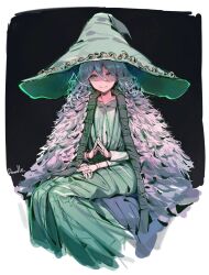  1girl black_background border cecilia_immergreen cloak closed_mouth commentary cosplay doll_joints dress elden_ring english_commentary extra_arms extra_faces fur_cloak green_dress green_eyes grey_hair hair_between_eyes half-closed_eyes hat highres hololive hololive_english joints large_hat long_dress looking_at_viewer narrowed_eyes ranni_the_witch ranni_the_witch_(cosplay) rat_huang shaded_face short_hair sitting smile solo steepled_fingers trait_connection virtual_youtuber white_border witch_hat 