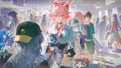  4boys 4girls ashveil_(honkai:_star_rail) black_hair blade_(honkai:_star_rail) camera dan_heng_(honkai:_star_rail) evanescia_(honkai:_star_rail) grey_hair hat heart highres honkai:_star_rail honkai_(series) long_hair march_7th_(honkai:_star_rail) ming_zhentan_allk multiple_boys multiple_girls pink_hair shirt short_hair silver_wolf_(honkai:_star_rail) spoken_heart stelle_(honkai:_star_rail) sunday_(honkai:_star_rail) trailblazer_(honkai:_star_rail) violet_eyes white_hair white_shirt 