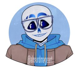  1:1 1boy 2020 2d absurdmage artist_name bespectacled blue_background blue_hoodie border brown_cardigan cardigan commentary digital_media drawstring english_commentary glasses head_tilt highres hollow_eyes hood hood_down hoodie humanoid long_sleeves looking_to_the_side male male_focus male_only monster monster_boy open_cardigan open_clothes outside_border purple-framed_eyewear round_border sans_(undertale) simple_background skeleton solo teeth twitter_username undead undertale utdr_(toby_fox) white_background white_border 
