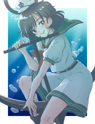  1girl anchor anchor_symbol belt black_belt black_boots black_hair boots border bubble collared_shirt commentary_request green_eyes hat highres looking_at_viewer mini_hat murai_nagisa murasa_minamitsu neckerchief red_neckerchief sailor_hat shirt short_hair short_sleeves shorts smile socks solo touhou underwater white_border white_hat white_shirt white_shorts white_socks 