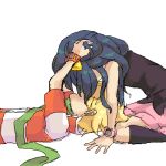  1boy 1girl artist_request blonde_hair blue_hair couple hand_on_head hikari_(pokemon) jun_(pokemon) jun_(pokemon)_(classic) kneehighs lowres oekaki on_back pearl_(pokemon) pokemon pokemon_(game) pokemon_dppt poketch scarf simple_background sleeveless socks source_request watch wristband wristwatch 