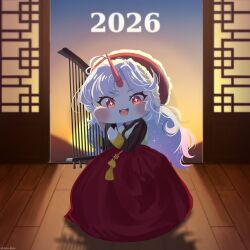  1girl 2026 :3 absurdres achi_delo alternate_costume blue_hair blush bolkki chibi chibi_only chima_(clothes) cross-shaped_pupils epica_(trickcal) full_body fur_trim gradient_hair hanbok harp highres holding holding_harp horns instrument jeogori_(clothes) korean_clothes looking_at_viewer multicolored_hair new_year open_mouth playing_instrument purple_hair red_eyes red_skirt single_horn skirt smile solo sunset symbol-shaped_pupils trickcal twitter_username unicorn_girl unicorn_horn wavy_hair wooden_floor 