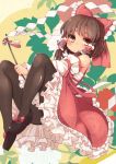  ascot bare_shoulders bell black_legwear blush bow brown_eyes brown_hair detached_sleeves flower frills gohei hair_bow hair_tubes hakurei_reimu japanese_clothes leaf mary_janes miko pantyhose sacha sarashi shoes short_hair solo tassel touhou 