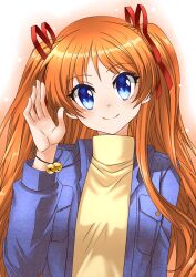  1girl bell blue_eyes blue_jacket bracelet closed_mouth commentary denim denim_jacket eyelashes eyes_visible_through_hair hair_ribbon hand_up highres jacket jewelry jingle_bell kaikai kanon long_hair long_sleeves looking_at_viewer open_clothes open_jacket orange_hair parted_bangs red_ribbon ribbon sawatari_makoto shirt simple_background smile solo split_mouth tareme turtleneck turtleneck_shirt two_side_up upper_body very_long_hair waving white_background yellow_shirt 