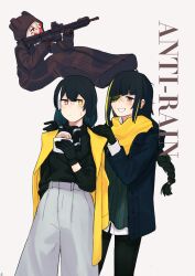  3girls assault_rifle black_sweater coat girls_frontline gun heterochromia holding holding_gun holding_weapon jacket m16a1_(girls'_frontline) m4_sopmod_ii_(girls'_frontline) magazine_(weapon) multicolored_hair multiple_girls pants rifle ro635_(girls'_frontline) shirt streaked_hair sweater vento weapon white_background white_shirt yellow_jacket 