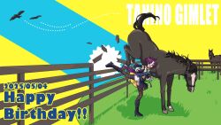  1girl animal_ears animal_focus asymmetrical_gloves bird birthday black_boots black_gloves boots bridle broken_fence character_name commentary_request creature_and_personification crow detached_sleeves english_text eyepatch fence fishnet_pantyhose fishnets gloves grass hair_over_one_eye happy_birthday high_heel_boots high_heels highres horse horse_ears horse_girl horse_tail kicking long_sleeves mismatched_gloves multicolored_hair odd_(miyoru) pantyhose personification real_life rose_kingdom_(racehorse) shirt short_hair shorts streaked_hair tail tanino_gimlet_(embodiment_of_keravnos)_(umamusume) tanino_gimlet_(racehorse) tanino_gimlet_(umamusume) umamusume violet_eyes white_gloves white_hair white_shorts wooden_fence yellow_eyes yellow_shirt 