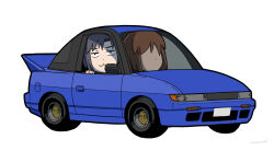  2girls :3 artist_name black_hair blue_car brown_hair car closed_mouth commentary_request deformed driving faceless faceless_female hagiwara_yukiho idolmaster idolmaster_(classic) kayatsu_urotoma kikuchi_makoto looking_at_viewer motor_vehicle multiple_girls short_hair signature simple_background vehicle_request white_background 