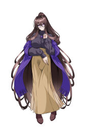  1girl absurdly_long_hair aged_up black-framed_eyewear black_shirt black_sweater blue_scarf blush boots breasts brown_hair brown_skirt closed_mouth commentary_request full_body gem glasses hair_between_eyes hair_intakes hand_up high-waist_skirt high_heels high_ponytail highres jewelry katsuragi_marina kouyoku_senki_exs-tia kozu_rokuta large_breasts long_hair long_skirt long_sleeves looking_at_viewer mole mole_under_mouth necklace pendant ponytail purple_gem purple_scarf round_eyewear scarf shawl shirt shoes sidelocks simple_background skirt sleeves_past_wrists smile solo standing sweater transparent_background turtleneck turtleneck_sweater very_long_hair violet_eyes white_background 