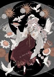  1girl 2017 bird bow braid cake commentary_request crown dove dress eating food fork full_body grey_hair happy_new_year hat hat_bow high_heels highres holding holding_cake holding_food holding_fork japanese_clothes kimono long_hair long_sleeves looking_ahead low-braided_long_hair low-tied_long_hair moon original pigeon red_dress red_shoes shoes sun white_hat yukata yuko_(foret_noire) 