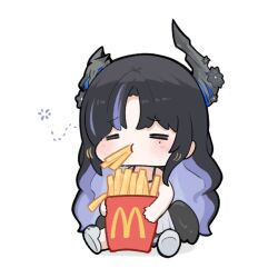  1girl =_= black_hair blush_stickers chewing chibi chibi_only closed_eyes commentary demon_horns eating english_commentary facing_viewer food french_fries full_body hololive hololive_english horns long_hair low_wings mcdonald's mini_person minigirl mole mole_under_eye multicolored_hair nerissa_ravencroft product_placement sidelocks sitting slippers snowmya solo squeans streaked_hair virtual_youtuber wings 