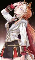  1girl ahoge animal_ears arm_up ascot black_ascot black_gloves blue_eyes bow closed_mouth commentary_request ear_covers from_side fur-trimmed_jacket fur_trim gem gloves green_gem happy_birthday highres horse_ears horse_girl jacket long_hair long_sleeves looking_up multicolored_hair naenaejkr orange_hair orfevre_(control)_(umamusume) orfevre_(umamusume) pink_gem single_ear_cover smile solo streaked_hair umamusume white_jacket white_streaks 