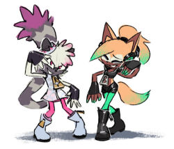  2girls ^_^ animal_ears animal_nose black_gloves black_shorts blonde_hair boots closed_eyes commentary cosplay crop_top dark-skinned_female dark_skin dress english_commentary evan_stanley fingerless_gloves fox_ears fox_girl fox_tail full_body furry furry_female gloves green_hair grin headphones looking_at_viewer lowres marina_(splatoon) marina_(splatoon)_(cosplay) midriff multicolored_hair multiple_girls official_style pantyhose pearl_(splatoon) pearl_(splatoon)_(cosplay) pink_eyes ponytail raccoon_ears raccoon_girl raccoon_tail scarf shorts simple_background sleeveless smile sonic_(series) sonic_the_hedgehog_(idw) standing tail tangle_the_lemur tentacle_hair whisper_the_wolf white_background white_hair wolf_ears wolf_tail zipper zipper_pull_tab 