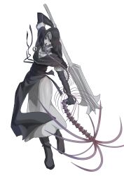  1girl absurdres black_boots black_gloves black_veil boots commentary_request dress elbow_gloves elden_ring elden_ring_nightreign full_body gloves helmet highres holding holding_weapon looking_at_viewer mosuroshyu open_mouth pale_skin short_sleeves simple_background solo standing undertaker_(elden_ring) veil weapon white_background white_dress 