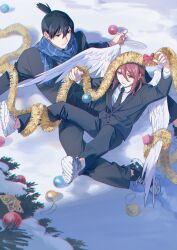  2boys 2pg angel_devil_(chainsaw_man) black_hair black_necktie black_pants black_suit blue_scarf bow chainsaw_man christmas_ornaments christmas_tree dress_shirt english_commentary feathered_wings hair_between_eyes halo hayakawa_aki jacket long_hair male_focus multiple_boys necktie pants ponytail red_bow red_hair scarf shirt shoes short_hair short_ponytail sneakers snow suit suit_jacket suit_pants white_shirt white_shoes wings 