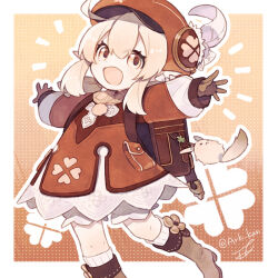 1girl ahoge ark_kan backpack bag bag_charm blonde_hair bloomers boots brown_boots brown_gloves brown_scarf charm_(object) coat coat_dress commentary dodoco_(genshin_impact) dress genshin_impact gloves hat hat_feather klee_(genshin_impact) open_mouth pointy_ears randoseru red_coat red_hair scarf solo twitter_username white_bloomers 