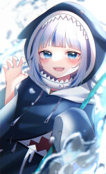  1girl :d absurdres blue_eyes blue_hair blue_hoodie blue_nails blurry blurry_background blurry_foreground blush claw_pose commentary_request depth_of_field drawstring gawr_gura gawr_gura_(1st_costume) grey_hair hand_up highres hololive hololive_english hood hood_up hoodie long_sleeves looking_at_viewer multicolored_hair nail_polish polearm sharp_teeth sleeves_past_fingers sleeves_past_wrists smile solo streaked_hair teeth trident v-shaped_eyebrows water weapon wide_sleeves yukki_0125 
