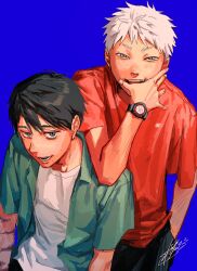  2boys black_hair black_pants blue_background commentary_request dress_shirt hand_in_pocket highres hikaru_ga_shinda_natsu indou_hikaru looking_at_another male_focus mokumokuren_(mokmok_len) mole mole_on_cheek mole_under_eye mole_under_mouth multiple_boys multiple_moles official_art open_clothes open_shirt pants red_eyes red_shirt scar scar_on_arm shirt short_hair signature simple_background sitting slit_pupils tsujinaka_yoshiki undershirt watch watch white_hair white_shirt 