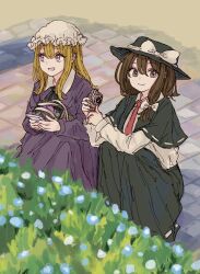  2girls asymmetrical_sidelocks bag black_capelet black_hat black_ribbon black_skirt blonde_hair bow brown_eyes brown_hair bush camera capelet collared_dress commentary_request contrast_collar digital_camera dress hair_bow handbag hat hat_bow highres holding holding_bag holding_camera kashiwada_kiiho long_hair long_sleeves maribel_hearn medium_hair mob_cap multiple_girls neck_ribbon necktie open_mouth pavement phone purple_dress red_necktie ribbon ribbon-trimmed_capelet ribbon-trimmed_skirt ribbon_trim shirt shirt_tucked_in sidelocks skirt smile squatting touhou usami_renko violet_eyes white_bow white_hat white_shirt 