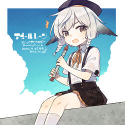  1girl ark_kan azur_lane beret black_skirt blue_sky blush braid clouds collared_shirt commentary_request copyright_name dated day flute hat head_wings holding holding_flute holding_instrument instrument kazagumo_(after-school_melody)_(azur_lane) kazagumo_(azur_lane) kneehighs looking_at_viewer neck_ribbon open_mouth orange_ribbon outdoors pleated_skirt ribbon shirt short_braid short_sleeves sitting skirt sky socks solo suspender_skirt suspenders sweat translation_request twin_braids white_shirt wings 