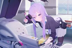  1girl belt_pouch bent_over black_gloves blue_archive blue_necktie doremi_(doremi4704) game_asset gloves halo hand_up highres holding holding_wrench hwansang id_card indoors lanyard leaning_forward long_hair looking_at_viewer machine millennium_science_school_logo necktie non-web_source official_art pantyhose pillar pleated_skirt pouch purple_hair purple_vest self-datamine skirt straight_hair sweat swept_bangs utaha_(blue_archive) vest violet_eyes white_skirt window workshop wrench 