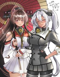  2girls anno88888 black_gloves black_nails blush breasts brown_hair commentary_request detached_sleeves enemy_lifebuoy_(kancolle) flower glasses gloves grey_hair hair_between_eyes headgear highres holding holding_umbrella kantai_collection large_breasts long_hair looking_at_viewer multiple_girls musashi_(kancolle) musashi_kai_ni_(kancolle) nail_polish oil-paper_umbrella partially_fingerless_gloves pink_eyes pink_flower pleated_skirt ponytail red_eyes sidelocks simple_background skirt sleeves_past_wrists tassel umbrella very_long_hair white_background yamato_(kancolle) yamato_kai_ni_(kancolle) 
