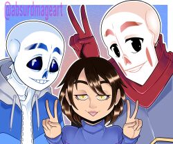  1other 2020 2boys 2d abstract_background absurdmage absurdres ahoge ambiguous_gender armor blue_background blue_jacket blue_sweater border brothers brown_hair bunny_ears_prank child commentary digital_media double_horizontal_stripe double_v drawstring english_commentary frisk_(undertale) gauntlets gradient_background grey_armor grey_hood height_difference highres hollow_eyes hood hood_down hooded_jacket horizontal-striped_clothes human humanoid jacket long_sleeves looking_at_viewer male monster monster_boy multicolored_background multiple_boys open_clothes open_jacket orange_background outline papyrus_(undertale) pink_stripes portrait red_scarf sans_(undertale) scarf shirt short_hair siblings skeleton striped_clothes striped_sweater sweater teeth tongue tongue_out trio two-tone_sweater undead undertale utdr_(toby_fox) v white_border white_outline white_shirt zipper 