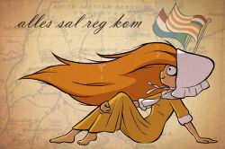  1girl arm_support barefoot bonnet breasts brown_background brown_eyes closed_mouth coco_schoppenboer constricted_pupils cursive dress dutch_clothes dutch_flag flag flagpole floating_hair from_side full_body hand_on_own_leg highres knees_up leaning_back long_dress long_hair map map_background official_art ongezellig pinup_(style) promotional_art red_hair sepia short_sleeves sitting small_breasts smile solo south_africa south_african_flag_(1928-1994) studio_massa third-party_source toes very_long_hair white_bonnet wind yellow_dress 