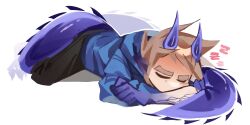  1boy animification black_pants blue_hoodie brown_hair closed_eyes colored_extremities commentary eddsworld english_commentary highres hood hood_down hoodie horns long_sleeves lying male_focus monster_boy monster_tom_(eddsworld) on_stomach pants pointy_ears simple_background sleeping solo spiky_hair tail thick_eyebrows tom_(eddsworld) white_background xuxmo zzz 