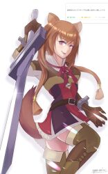  1girl absurdres animal_ear_fluff animal_ears armor bad_id bad_pixiv_id black_dress boots breastplate breasts brown_boots brown_gloves brown_hair commentary_request cowboy_shot cuffs dress fang fingernails glint gloves hair_between_eyes hair_tubes highres holding holding_sword holding_weapon leather_armor leg_up long_hair looking_at_viewer medium_breasts metal_hair_tubes multicolored_dress neck_ribbon nymn_wales open_mouth raccoon_ears raccoon_girl raccoon_tail raphtalia red_dress red_eyes red_ribbon ribbon sharp_fingernails simple_background smile solo sword tail tate_no_yuusha_no_nariagari thigh_boots weapon white_background white_dress 