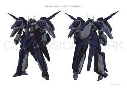 absurdres back beam_cannon blue_eyes cable colored_lineart commission comparison english_commentary english_text gabthley gundam highres kadej mecha mecha_focus mobile_suit no_humans one-eyed original redesign robot science_fiction titans_(gundam) white_background zeta_gundam 