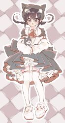  1girl :d alternate_costume animal ascot black_eyes black_hair braid commentary detached_sleeves dog full_body glasses grid_background hat hat_with_ears highres holding holding_animal holding_dog iin_chiyo kimi_no_koto_ga_dai_dai_dai_dai_daisuki_na_100-nin_no_kanojo looking_at_viewer open_mouth outline oyomidtarumi petticoat red_ascot shoes simple_background smile solo symbol_in_eye thigh-highs twin_braids white_outline white_shoes white_thighhighs zettai_ryouiki 