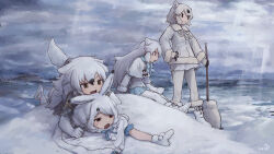  4girls animal_ears arctic_fox_(kemono_friends) arctic_hare_(kemono_friends) arctic_wolf_(kemono_friends) bear_ears bear_girl black_hair blue_bow blue_bowtie blue_skirt blush bow bowtie brown_eyes capelet coat elbow_gloves extra_ears fox_ears fox_girl fox_tail fur_collar fur_trim gloves grey_hair grey_skirt hair_between_eyes highres kemono_friends long_hair long_sleeves lying mountainous_horizon multicolored_hair multiple_girls on_back open_mouth orange_eyes pantyhose paw_stick plaid_clothes plaid_skirt plaid_trim pleated_skirt polar_bear_(kemono_friends) rabbit_ears rabbit_girl rabbit_tail rumenia_(ao2is) short_hair short_sleeves sidelocks skirt snow tail two-tone_hair white_bow white_bowtie white_capelet white_coat white_fur white_gloves white_hair white_pantyhose winter_clothes winter_coat wolf_ears wolf_girl wolf_tail 