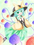  1girl flower frills green_eyes green_hair hat hat_ribbon komeiji_koishi ribbon rose solo touhou white_water wide_sleeves 