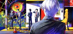  6+boys adachi_tooru ameno_sagiri_(persona) bag black-framed_eyewear black_hair black_jacket black_necktie black_shoes black_suit blood blood_on_clothes blood_on_ground building business_suit caution_tape chinese_commentary commentary_request corpse crime_scene disembodied_eye dress_shoes evidence_markers eyelashes glasses hand_in_pocket highres holding holding_bag hood hood_up houndstooth jacket knife lamppost light_particles long_sleeves looking_at_another male_focus multiple_boys multiple_persona narukami_yu necktie no_parking_sign oarfish_(artist) open_clothes open_jacket outdoors persona persona_4 plastic_bag poster_(object) railing raincoat red_necktie red_pupils road road_sign school_uniform shirt shirt_tucked_in shoes short_hair sidewalk sign speed_limit_sign standing storefront street suit suit_jacket suit_pants traffic_cone walking white_hair white_shirt yasogami_school_uniform yellow_raincoat 