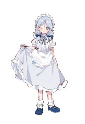  1girl :3 apron blue_bow blue_bowtie blue_shoes blush bow bowtie braid closed_mouth commentary_request dress full_body grey_dress grey_eyes grey_hair hair_bow highres holding_own_dress izayoi_sakuya long_hair looking_at_viewer maid maid_apron maid_headdress mary_janes nig_18 one_eye_closed puffy_short_sleeves puffy_sleeves shoes short_sleeves simple_background smile socks solo touhou twin_braids white_apron white_background white_socks 