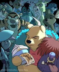  1girl 6+boys absurdres bear buck_teeth disney eeyore food furry gopher_(animal) helmet highres holding holding_food honeypot invincible_(series) kanga licking_lips looking_at_viewer lumpy_(winnie_the_pooh) meme multiple_boys note owl_(winnie_the_pooh) piglet_(winnie_the_pooh) pooh rabbit_(winnie_the_pooh) red_shirt roo_(winnie_the_pooh) scissors shirt teeth thedylanroca tigger tongue tongue_out viltrumite_group_shot_(meme) whiskers winnie_the_pooh 