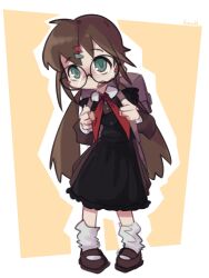  1girl abstract_background absurdres black_dress black_skirt blush bow brown_hair chibi clenched_hands closed_mouth collared_shirt dress full_body glasses green_eyes hair_between_eyes hair_ornament hairclip highres imerald long_hair looking_at_viewer loose_socks low_twintails mary_janes neck_ribbon original pinafore_dress red_bow ribbon round_eyewear shirt shoes signature simple_background sketch skirt sleeveless sleeveless_dress socks solo standing twintails white_background white_shirt white_socks yellow_background 